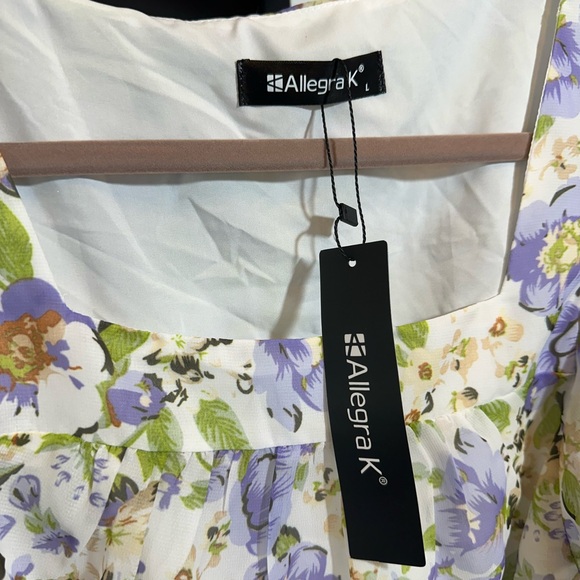 Allegra K - Floral Chiffon Flutter Sleeve Belted Square Neck Ruffled Hem Dress - Picture 9 of 10